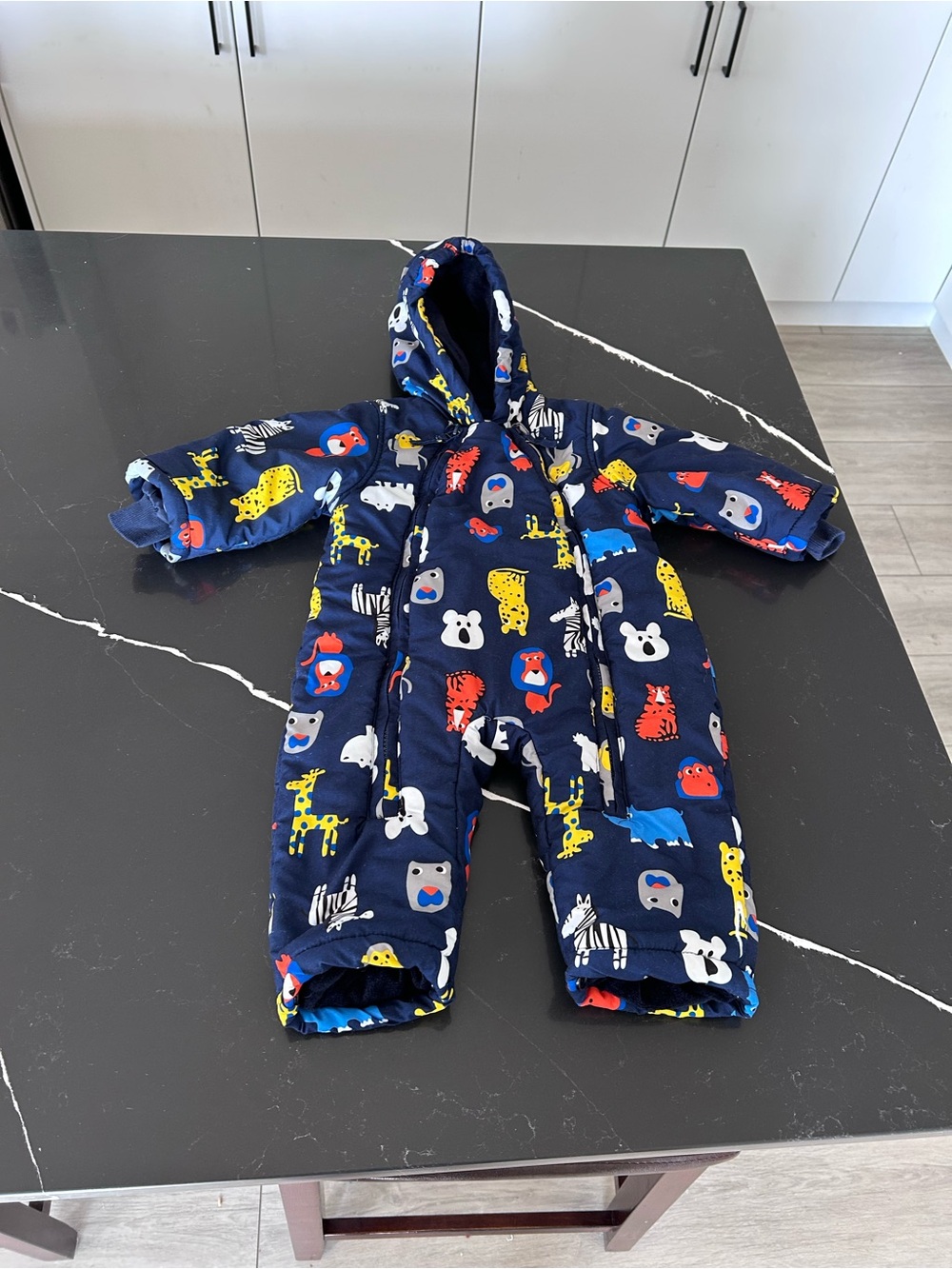 Vine Navy Hooded One-Piece Snowsuit Colorful Zoo Animal Print Winter Wear Onesie